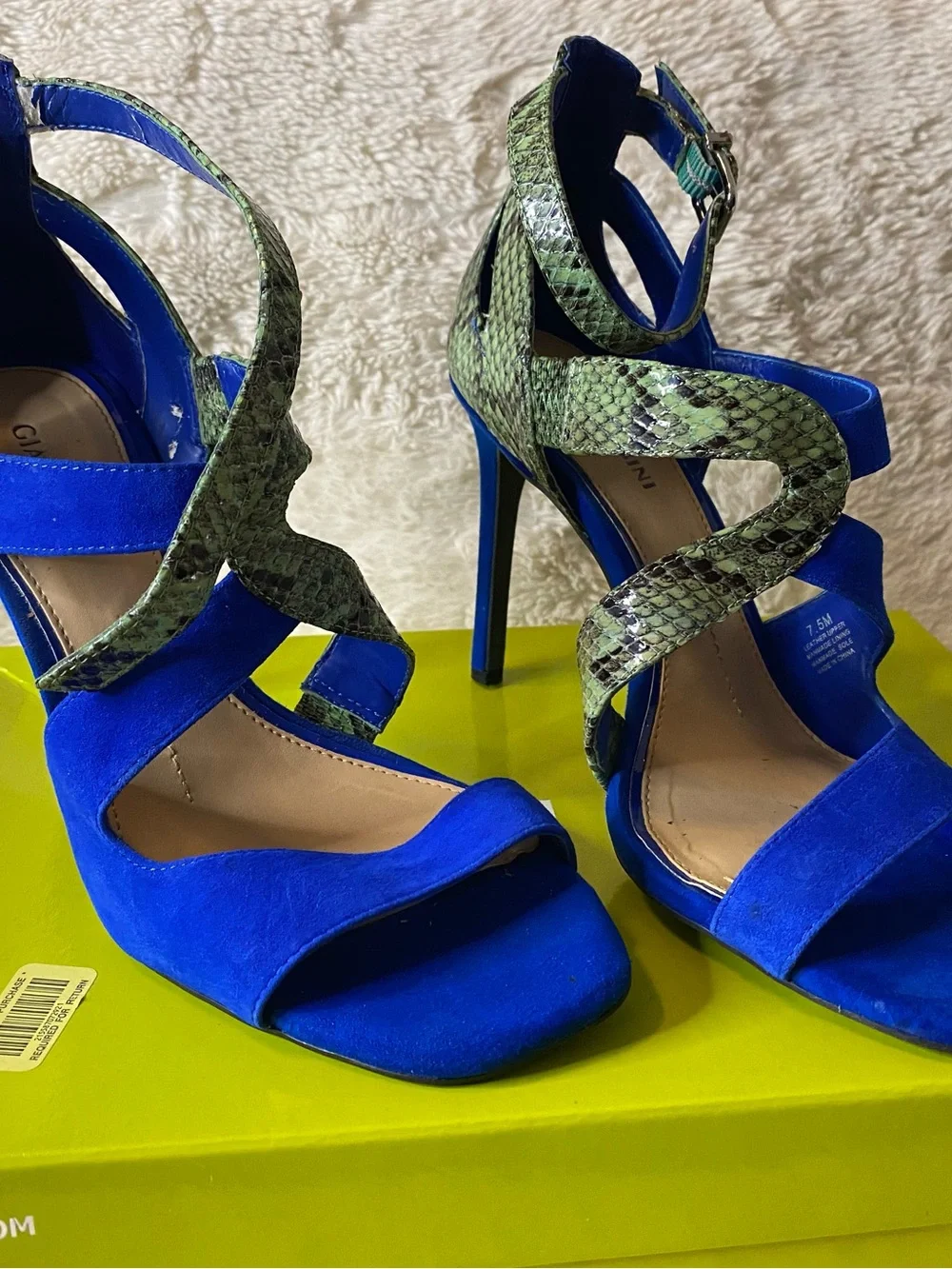 Gianni Bini Royal Blue Heels with Green Snake-Print Straps
